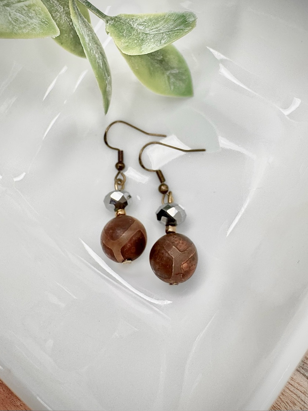Tibetan Dzi Agate Dangle Earrings with Antique Bronze 925 Sterling Silver Hooks